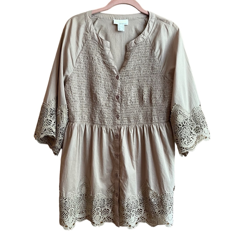 Alyssa W Collection Cotton Boho Button Up Smocked Tunic Lace Details Tan